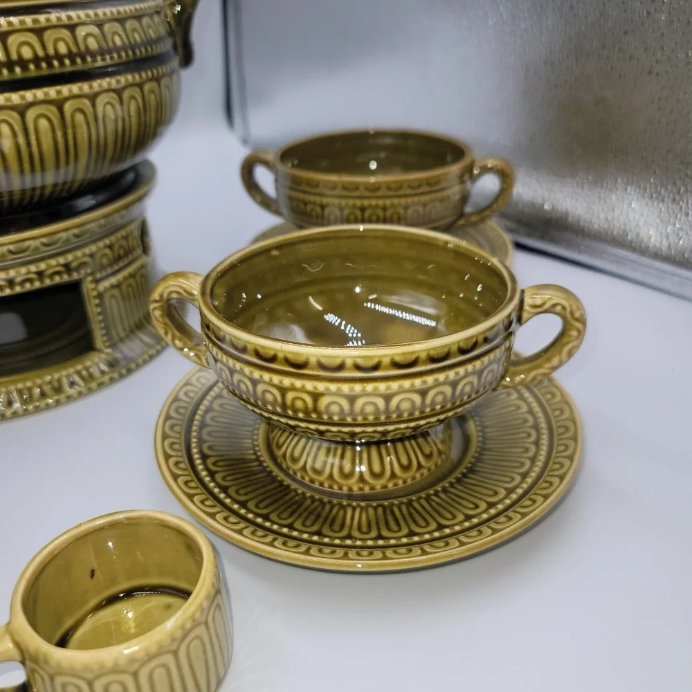 Vintage Olive Green Ceramic Soup Tureen Set with Warmer 4 Bowls and Saucers MCM